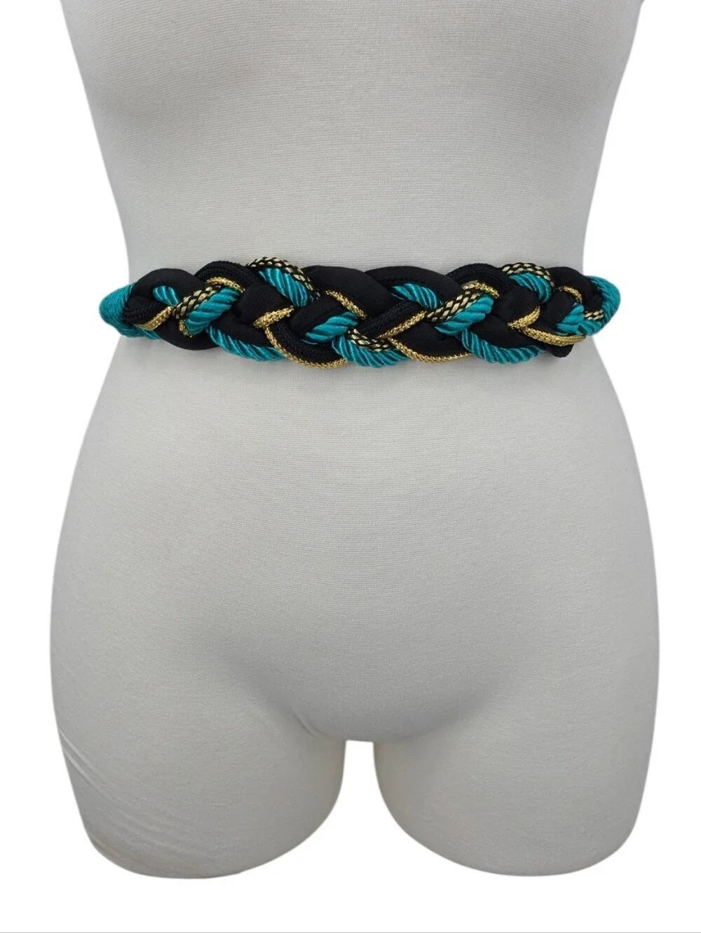 Vintage Braided Rope Belt Metallic Gold Black and Teal